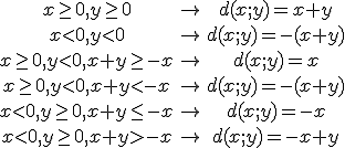 \begin{array} x\ge0, y\ge0 & \rightarrow & d(x;y)=x+y \\
 \\ x<0, y<0 & \rightarrow & d(x;y)=-(x+y) \\
 \\ x\ge0, y<0, x+y\ge-x & \rightarrow & d(x; y)=x \\
 \\ x\ge0, y<0, x+y<-x & \rightarrow & d(x; y)=-(x+y) \\
 \\ x<0, y\ge0, x+y\le-x & \rightarrow & d(x;y)=-x \\
 \\ x<0, y\ge0, x+y>-x & \rightarrow & d(x;y)=-x+y \end{array}
 \\ 